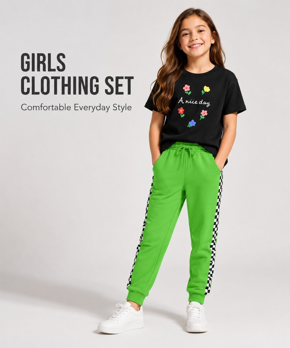 Girls Printed T-Shirt & Jogger Set – Black & Green - KYDA ONLINE STORE