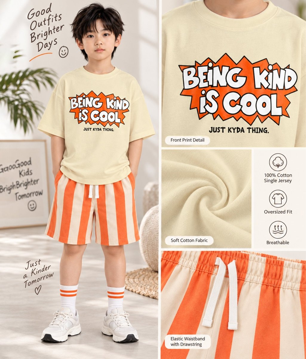 Boys Pure Cotton Printed Oversized T-Shirt Striped Shorts Clothing Set - KYDA ONLINE STORE