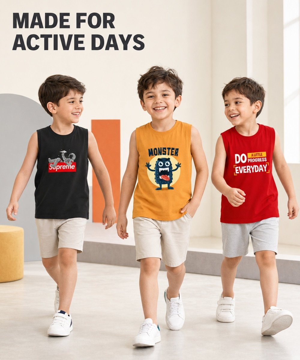 Boys Printed Vest | Loose Fit | Pack of 3 - KYDA ONLINE STORE