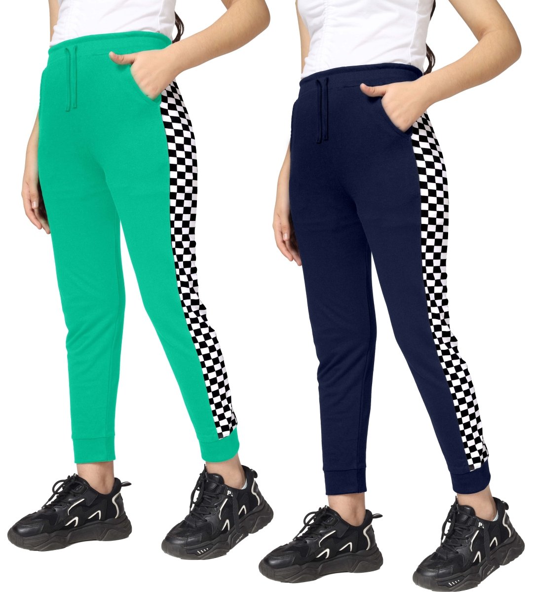 Girls Checkered Side-Stripe Track Pants | Pack of 2 - KYDA ONLINE STORE