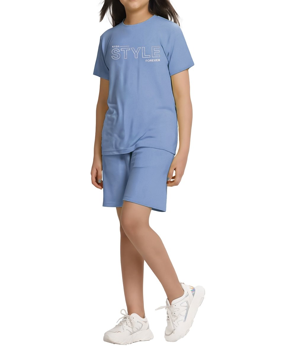 Girls Printed Co-ord Set | Smoke Blue - KYDA ONLINE STORE