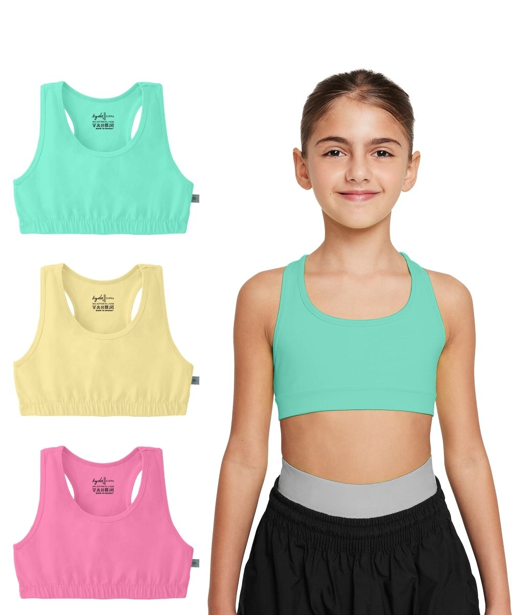 Girls Lycra Cotton Sports Bra for Pre-Teens | Racerback | Pack of 3 - KYDA ONLINE STORE