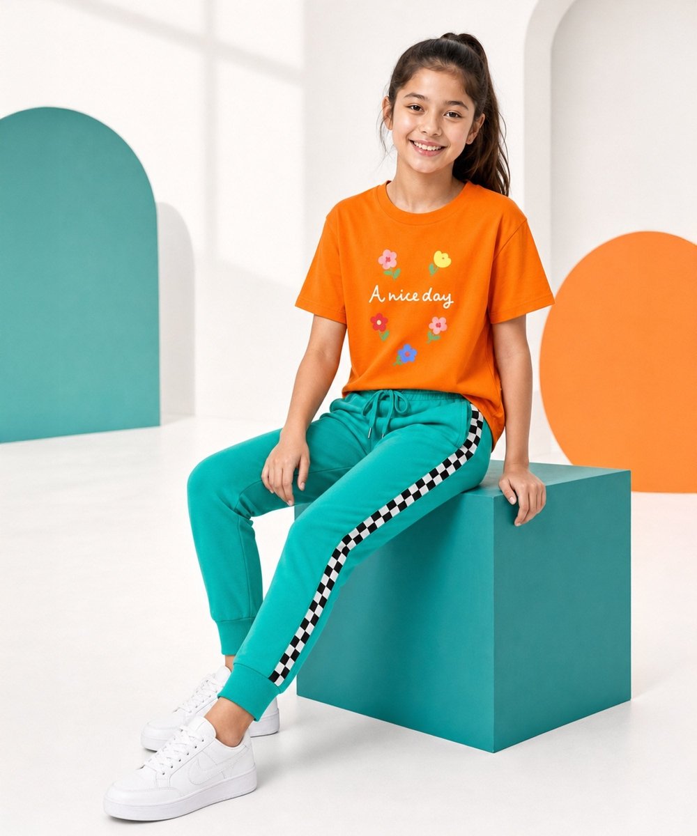 Girls Printed T-Shirt & Jogger Set – Orange & Teal Green - KYDA ONLINE STORE
