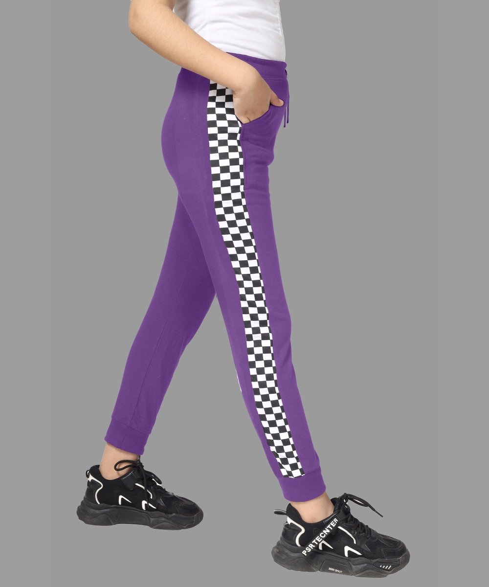 Girls Checkered Side-Stripe Track Pants - Purple - KYDA ONLINE STORE