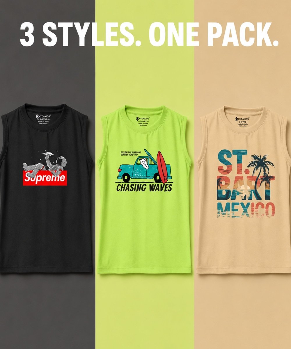 Boys Printed Vest | Loose Fit | Pack of 3 - KYDA ONLINE STORE