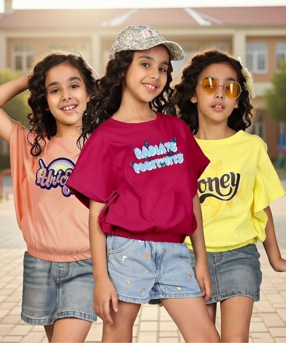 Girls Printed Flared Waist Elastic Top | Pack of 3 - KYDA ONLINE STORE