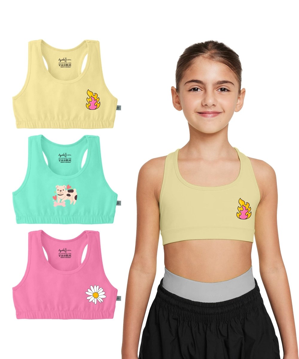 Girls Printed Sports Bra for Pre-Teens | Racerback | Pack of 3 - KYDA ONLINE STORE