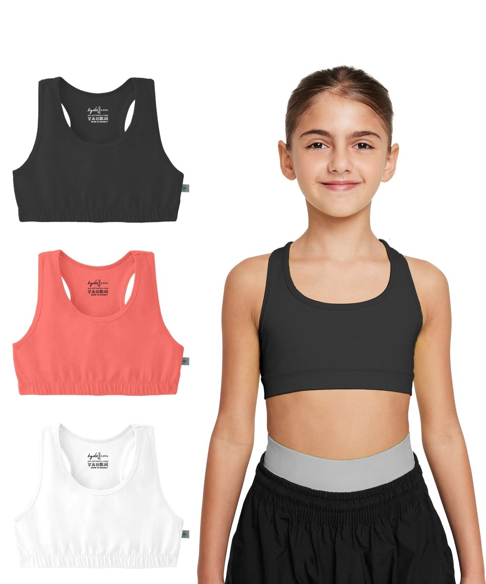 Girls Lycra Cotton Sports Bra for Pre-Teens | Racerback | Pack of 3 - KYDA ONLINE STORE
