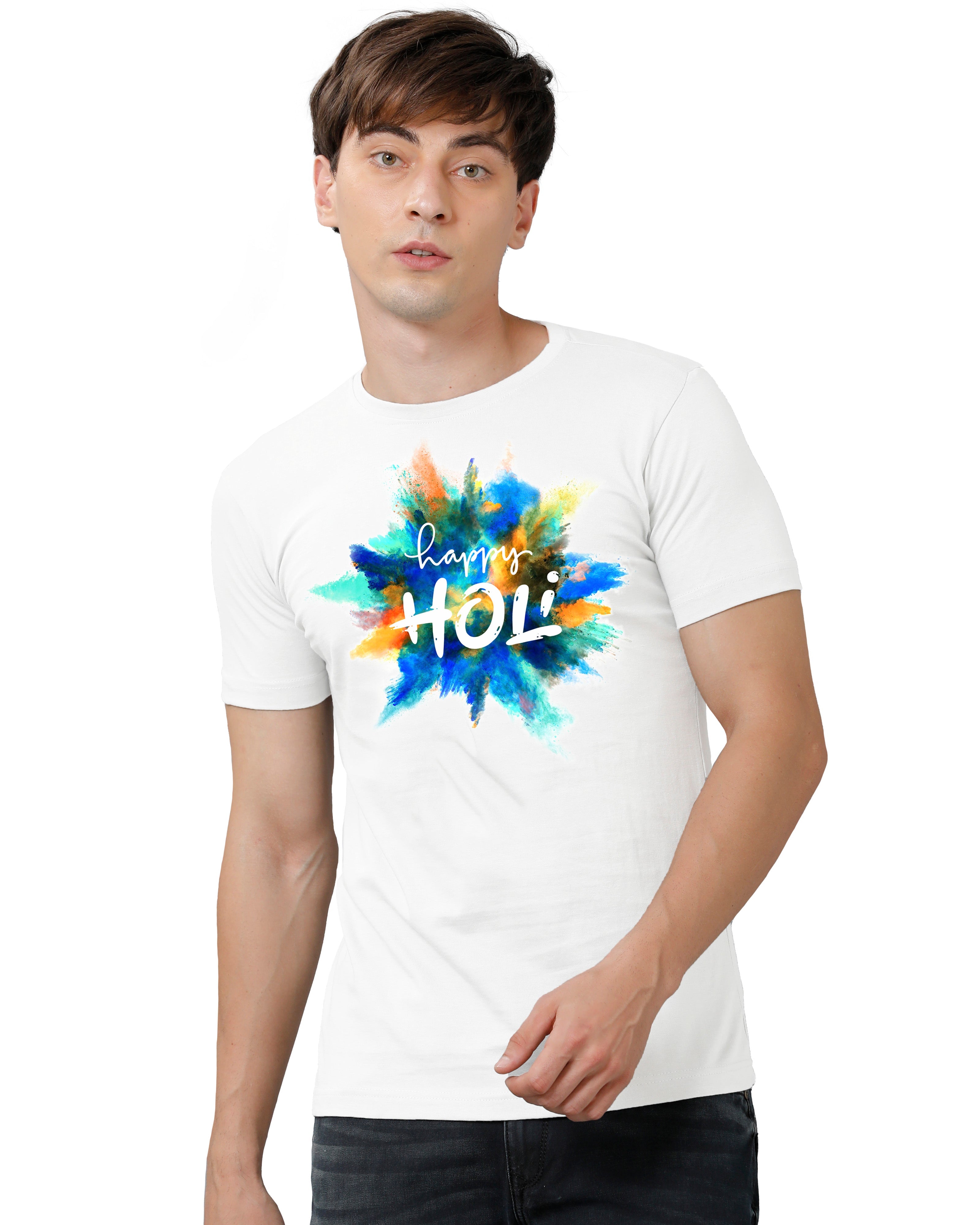 Mens Holi Printed Cyan T-Shirt