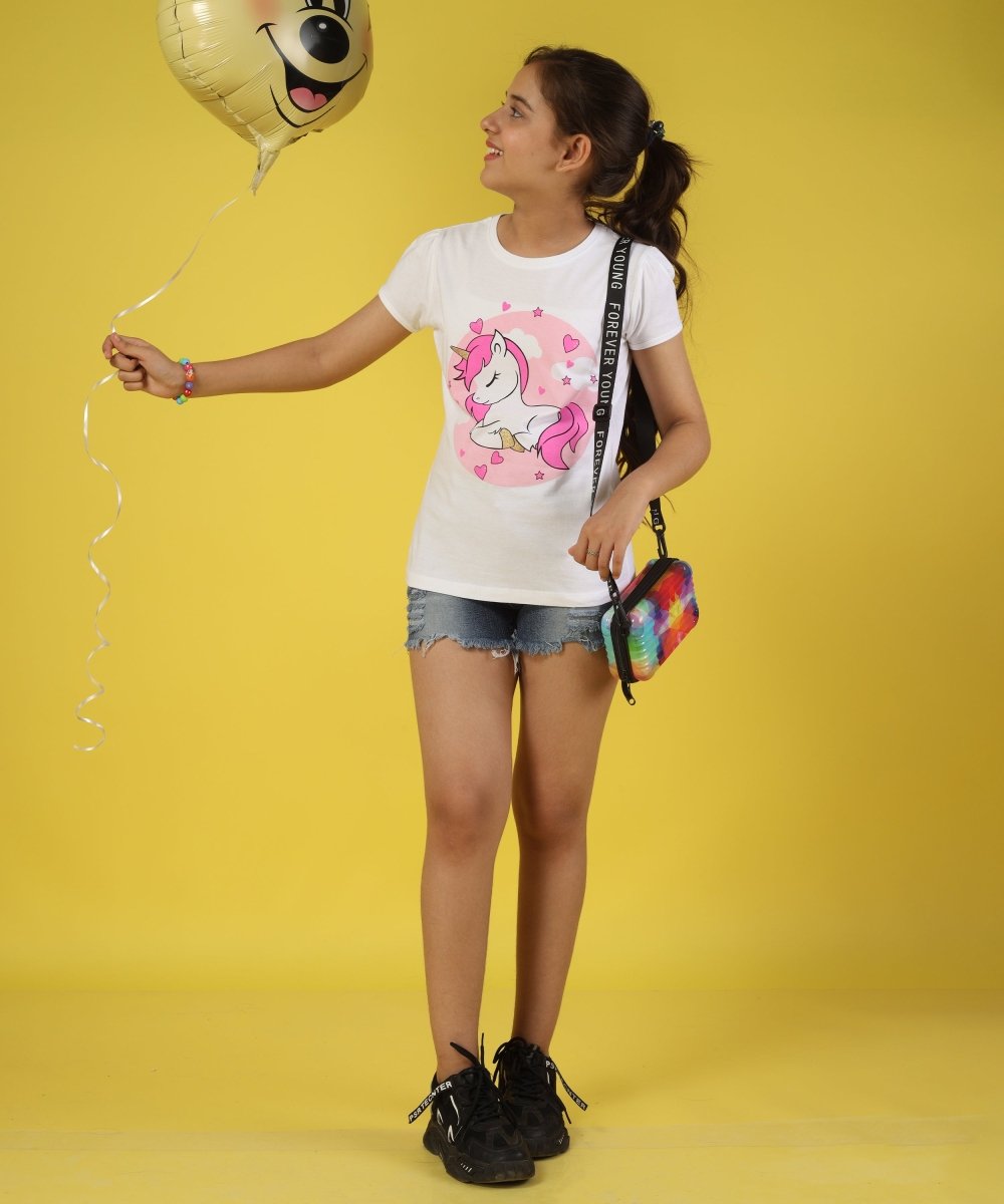 Girls Cotton Half Sleeve Printed Tops- White - KYDA ONLINE STORE