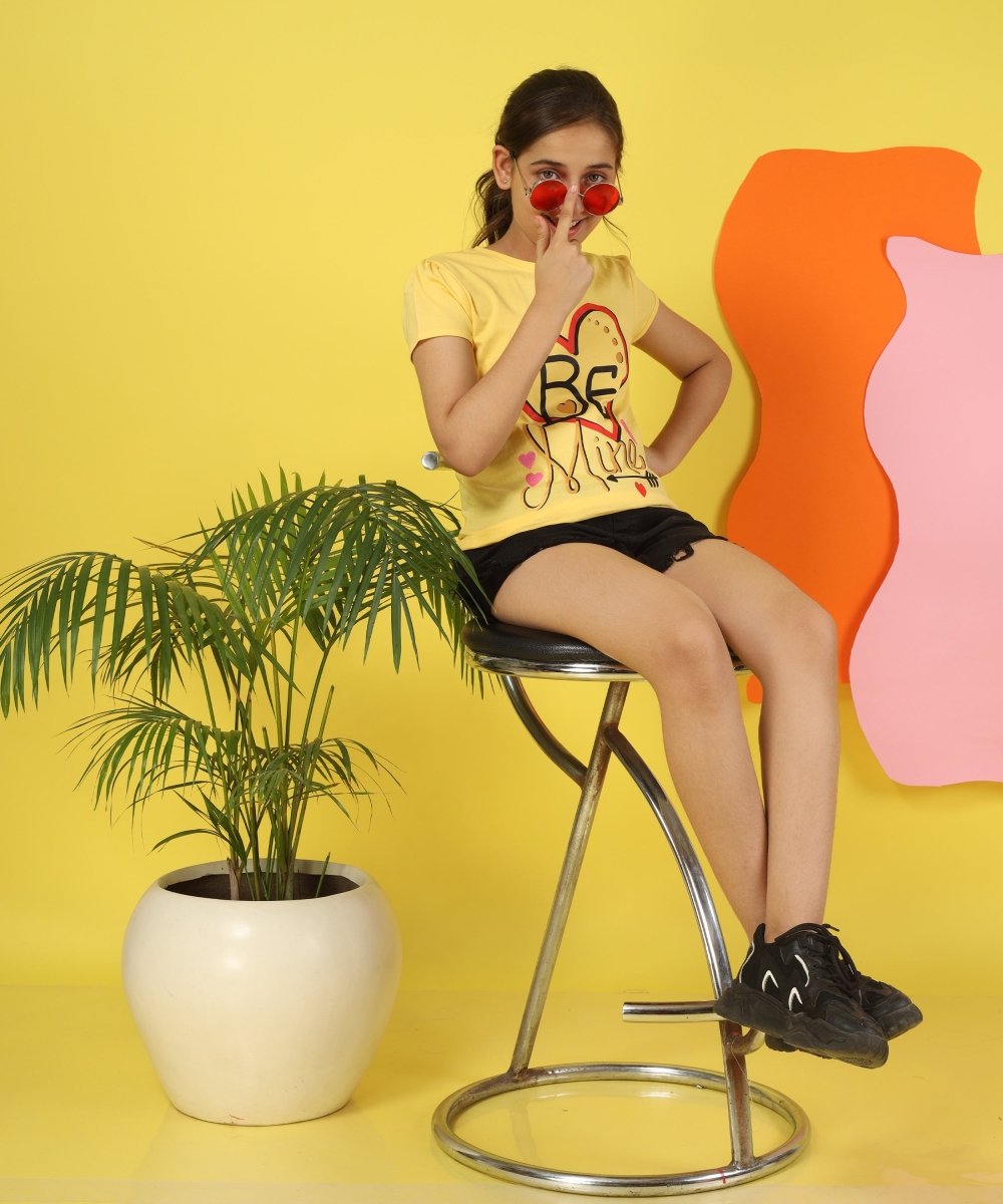 Girls Cotton Half Sleeve Printed Tops- LightYellow - KYDA ONLINE STORE