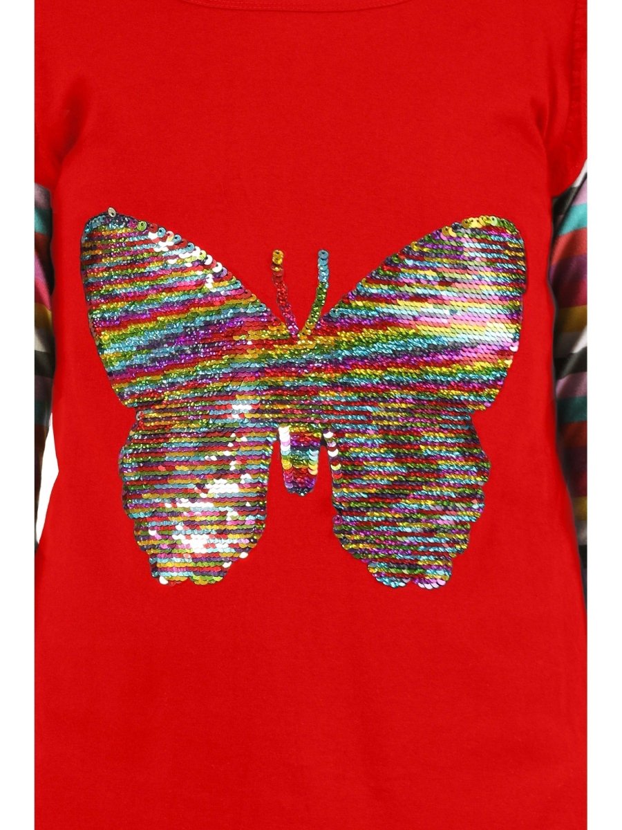 Girls Sequin Butterfly Full Sleeve Top | Red - KYDA ONLINE STORE