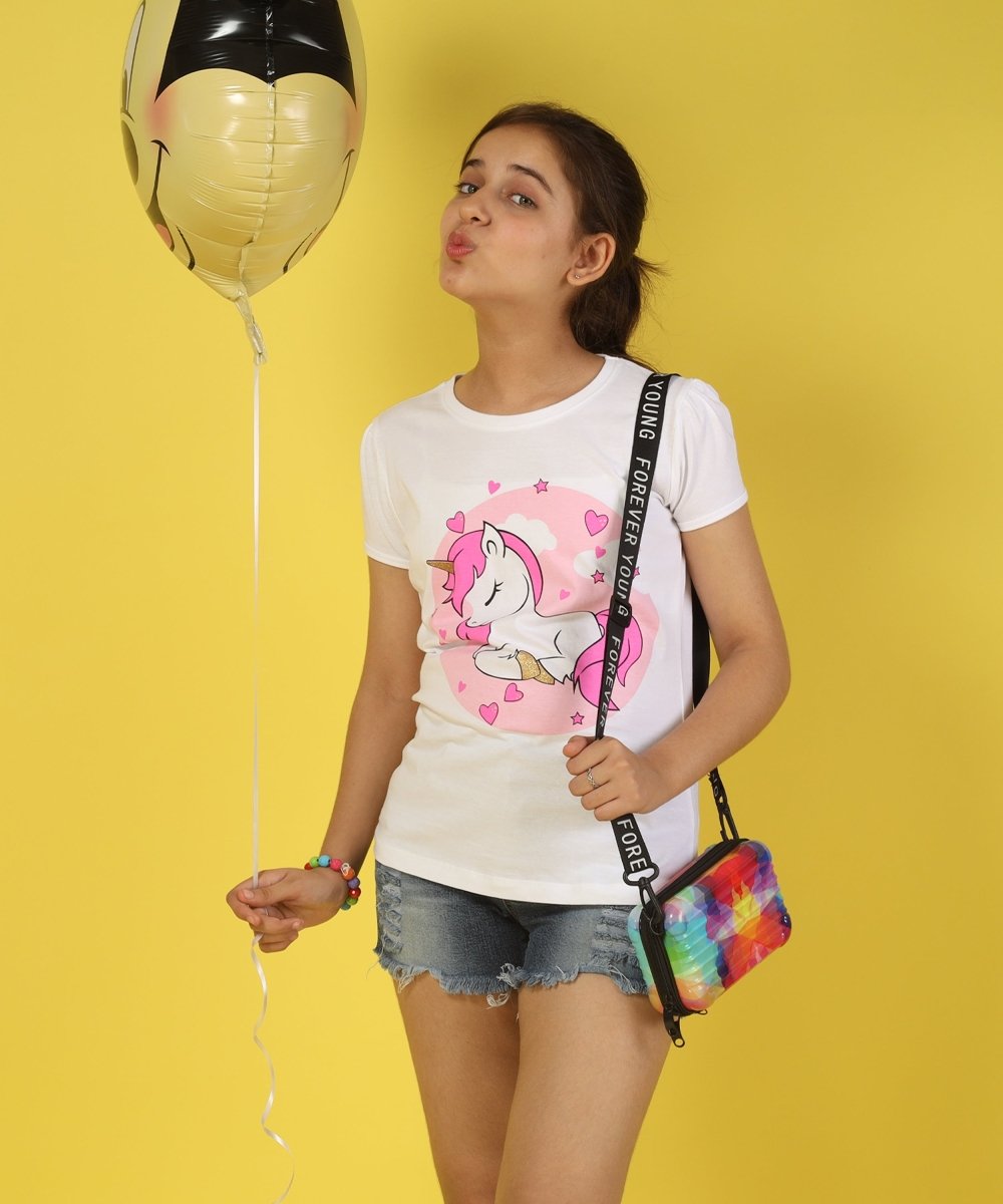 Girls Cotton Half Sleeve Printed Tops- White - KYDA ONLINE STORE